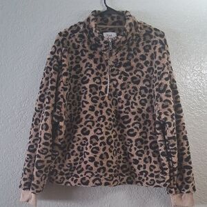 Leopard Print Half-Zip Fleece Pullover - Taupe & Black